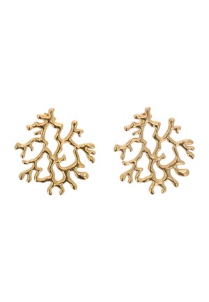 Kolczyki w złotym odcieniu o nieregularnych, rozgałęzionych wzorach przypominających koral, prezentowane na białym tle.