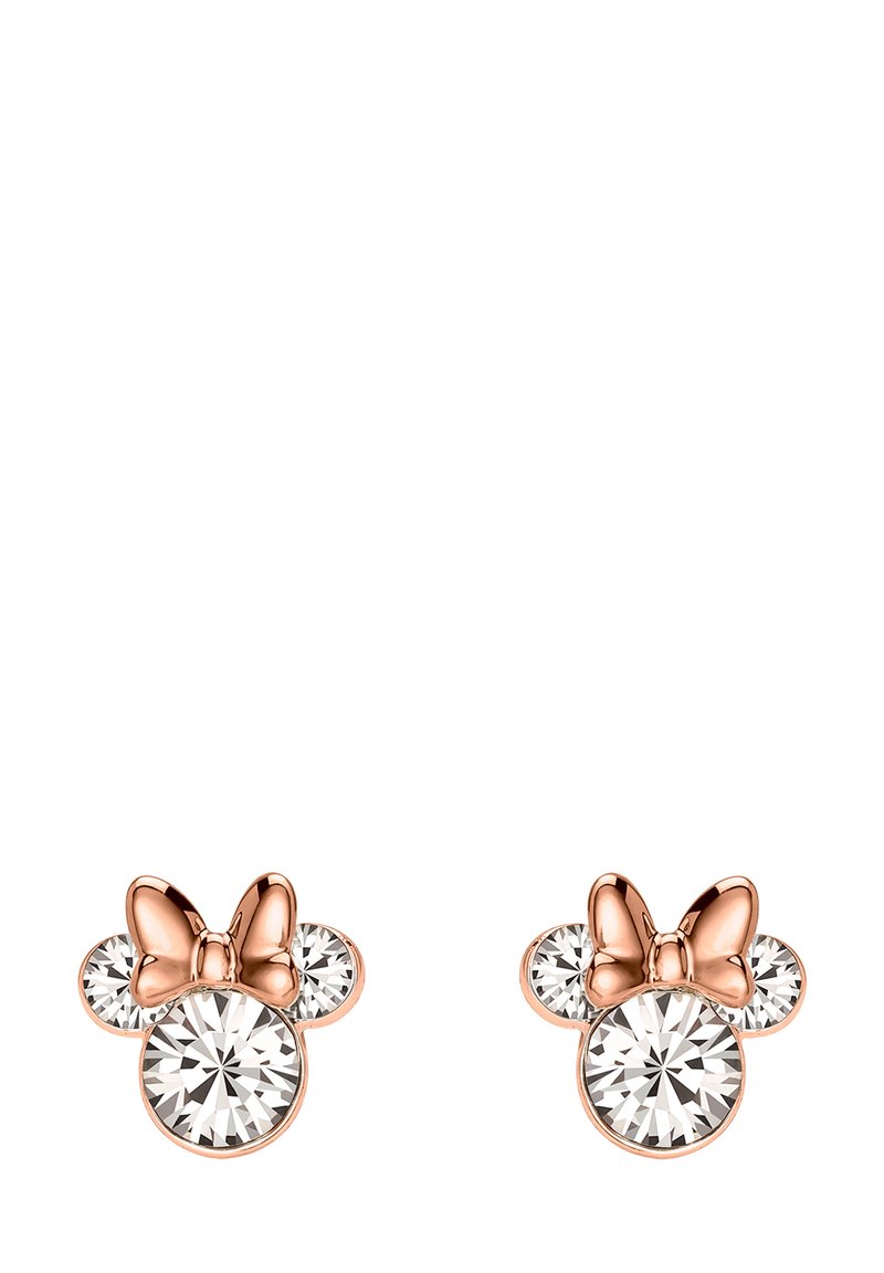 Orecchini in oro rosa con design a fiocco, dotati di due cristalli rotondi trasparenti e di un cristallo più grande al centro, creando un aspetto giocoso.