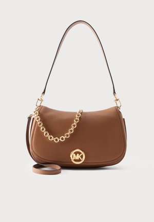Brown leather shoulder bag with gold chain detail and MK logo emblem on front, featuring long and short straps.