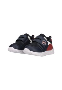 Marineblaue Sportschuhe mit zwei schwarzen Klettverschlüssen, weißen Akzenten, einer strukturierten Mesh-Oberfläche und einer weißen Gummisohle mit Muster.