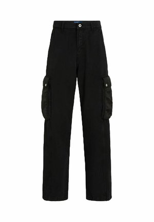 Pantaloni cargo neri realizzati in tessuto resistente, dotati di tasche laterali, chiusura con bottone e design a gamba dritta.