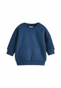 Tums zilas sporta krekls, kas izgatavots no mīksta auduma, ar noapaļotu kakla izgriezumu, garām piedurknēm, ribotām aprocēm un priekšēju kabatu.