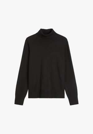 Zwarte lange mouwen turtleneck trui met geribbelde manchetten en zoom, weergegeven tegen een witte achtergrond.