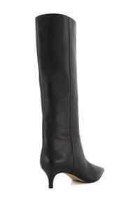 Black leather knee-high boot with pointed toe, thin heel, smooth texture, and minimal design, showcasing a sleek and streamlined silhouette.