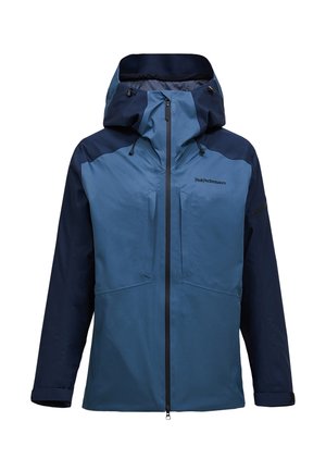 Waterbestendig jack in blauw en marineblauw, voorzien van een capuchon, ritssluiting, twee voorzakken en verstelbare manchetten. Gladde textuur en sportief design.