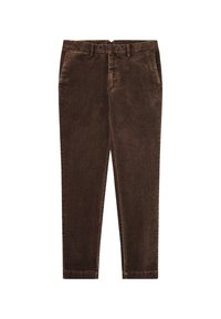 Pantalones de pana marrones con un diseño de pierna recta, que cuentan con un cierre de botón, dos bolsillos laterales y un tejido suave y texturizado.