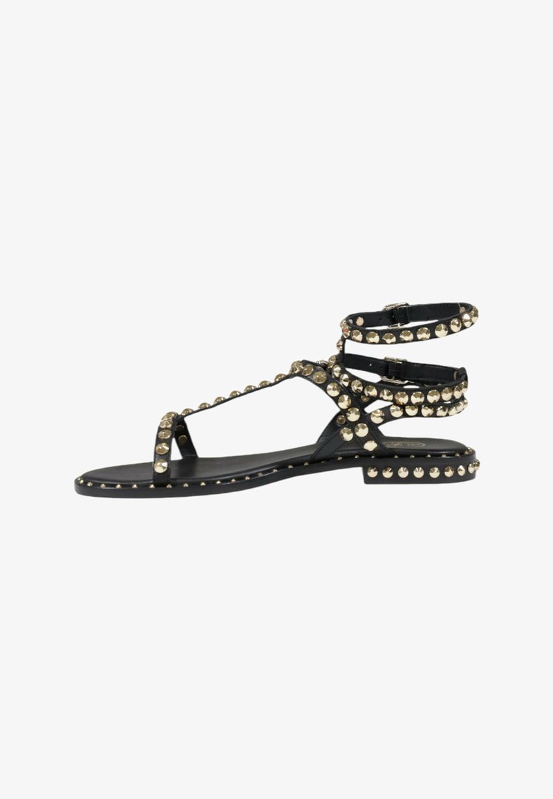 Zwarte platte sandalen met ronde gouden studs langs de banden, enkelbandjes en zool. Sleehak met een gladde textuur.