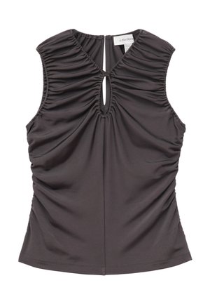 Top senza maniche grigio scuro con tessuto arricciato attorno al collo e alle aperture delle braccia, apertura a goccia sul retro e chiusura con piccolo bottone.