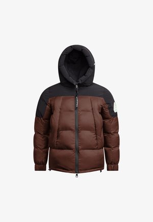 Veste matelassée marron et noire avec capuche, dotée d'une fermeture éclair à l'avant, de poignets élastiques et d'un détail logo sur l'épaule.