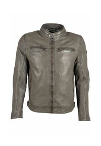 Veste en cuir gris avec col montant, poches poitrine zippées et design épuré, dotée de coutures renforcées et d'une finition texturée.