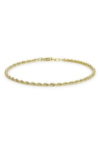 Gouden gedraaide kettingarmband met een karabijnsluiting. Heeft een gevlochten ontwerp, een gladde textuur en een glanzende afwerking. Dikte is gelijkmatig over de hele armband.