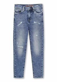 Bleka blå denimjeans med slitna detaljer, femficksdesign och rak slim fit. Knappstängning med bältesöglor.