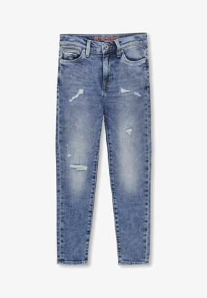 Jeans en denim bleu délavé avec des détails effilochés, design à cinq poches et coupe slim droite. Fermeture à bouton avec passants de ceinture.