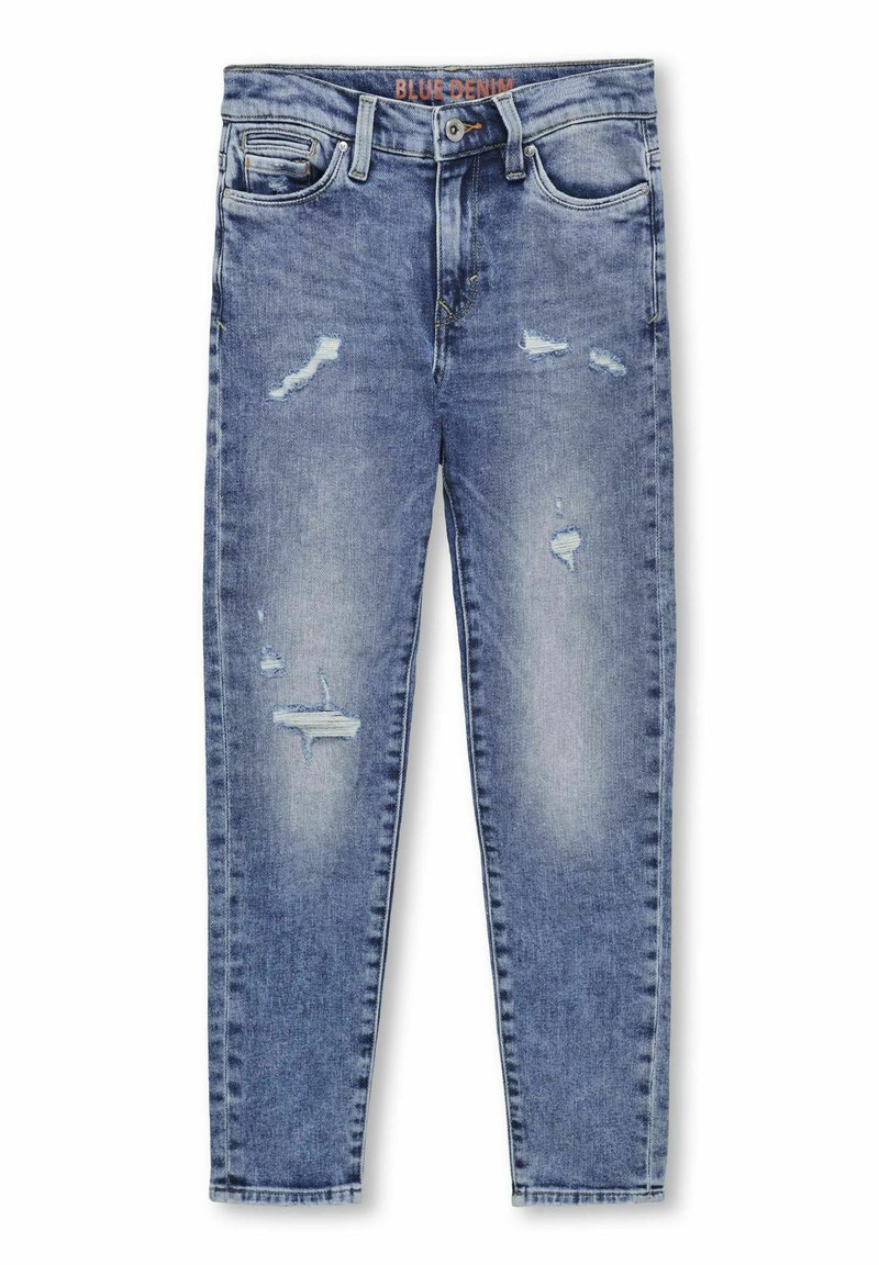 Bleka blå denimjeans med slitna detaljer, femficksdesign och rak slim fit. Knappstängning med bältesöglor.