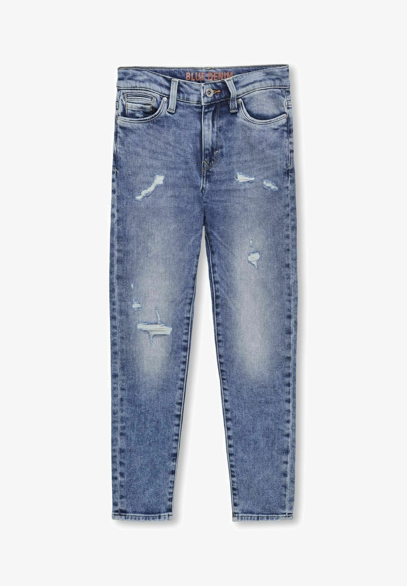 Bleka blå denimjeans med slitna detaljer, femficksdesign och rak slim fit. Knappstängning med bältesöglor.