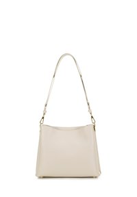 Borsa a mano in pelle beige con texture liscia, manico curvo e hardware dorato. Presenta un'apertura superiore sicura e una forma del corpo rettangolare.