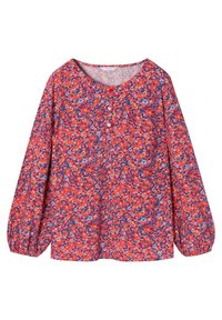Rød blomsterbluse med lange puffærmer, rund halsudskæring og knapdetaljer. Har et mix af blå og gule blomstermønstre.