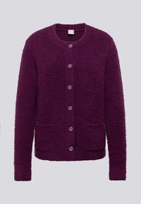 Purple cardigan made of textured fabric with a button-down front, rounded neckline, two front pockets, and contrasting buttons.