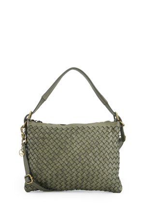 Olive green woven leather handbag with a flat, rectangular shape. Features a detachable strap and a top zipper closure with gold-tone hardware.