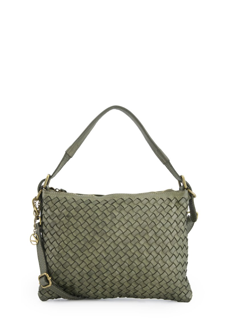 Olive green woven leather handbag with a flat, rectangular shape. Features a detachable strap and a top zipper closure with gold-tone hardware.