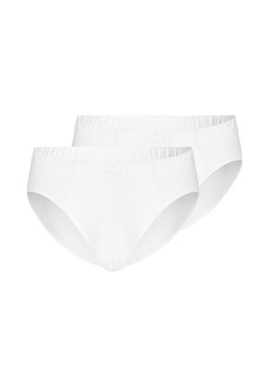 Zwei schlichte weiße Herren-Slips mit elastischen Bundbändern, überlappend vor weißem Hintergrund dargestellt.