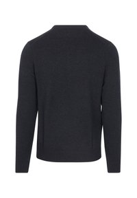 Dark gray sweater with long sleeves, round neck, and ribbed cuffs. Smooth texture, minimal design, and no visible patterns or hardware.