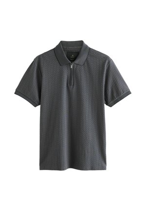 Korte mouw polo shirt, donkergrijs met een gestructureerd patroon. Voorzien van een ritskraag en contrasterende kraagafwerking. Zacht materiaal.