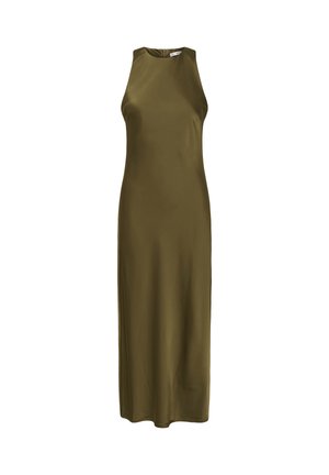 Robe midi en satin vert olive sans manches avec col montant et fermeture éclair au dos, présentée sur fond blanc.
