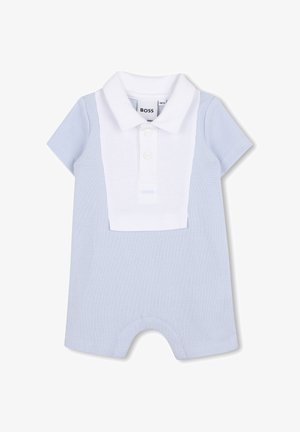 Lichtblauwe polo-achtige romper met korte mouwen, gestructureerde stof, een witte kraag en een gesloten rij van drie knopen. "BOSS" merk op de kraag.