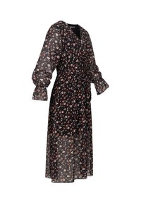 Svart blomstret kjole laget av gjennomsiktig stoff, med lange pufferm, dyp V-hals og belte i midjen som gir en flytende silhuett.