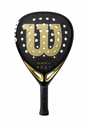 Wilson Paddle-Racket mit einer schwarzen strukturierten Oberfläche, goldfarbenem Logo, kreisförmigen Perforationen und einem schwarzen Gummi-Griff am Handle.