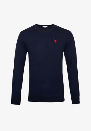 Mornarska V-izrez pulover iz pletenine, ki se ponaša z majhnim rdečim logotipom na prsih ter rebrastimi manšetami in robom. Elegantna prileganje z minimalnimi dodatki.