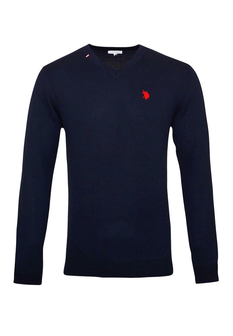Marineblauwe V-hals trui gemaakt van gebreide stof, met een klein rood logo op de borst en geribde manchetten en zoom. Strakke pasvorm met minimalistische accenten.