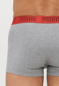 Szürke pamut boxer alsónadrág piros elasztikus derékrésszel, amelyen a "PUMA" logo látható. Puha tapintású, testhez simuló kialakítás, minimális látható varrásokkal.