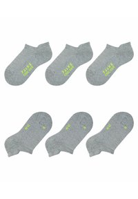 Calzini alla caviglia grigi realizzati in un tessuto testurizzato, con il nome del marchio e le indicazioni della taglia in verde neon sul lato. Sei paia mostrati.