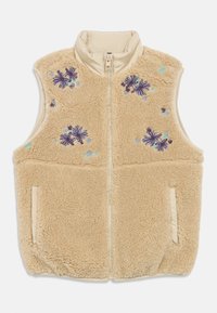 Μπεζ γούνινο γιλέκο με ψηλό γιακά, μπροστινό φερμουάρ και κεντημένα λουλουδάτα μοτίβα σε μωβ και μπλε. Διαθέτει πλαϊνές τσέπες. Μαλακή υφή.