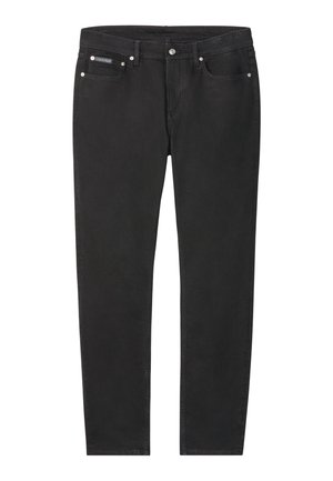 Jean noir droit avec fermeture à boutons et zip à l'avant, style cinq poches, et un petit écusson logo Calvin Klein sur la poche avant droite.