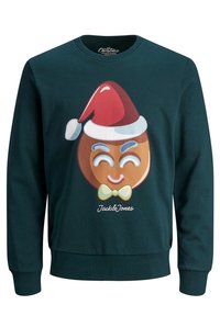 Sudadera de color verde oscuro con un gran personaje de jengibre sonriente que lleva un gorro rojo de Santa y una pajarita. Nombre de la marca mostrado en la parte inferior.