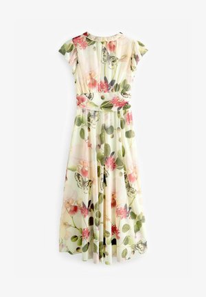 Cvjetna haljina s kratkim naboranim rukavima, s svijetlom pozadinom, zelenim lišćem i šarenim uzorcima leptira i cvijeća.