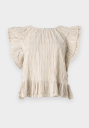 Beige short-sleeve top with vertical pleats, flared ruffle sleeves, and a frilled hem. Lightweight fabric with a delicate texture.