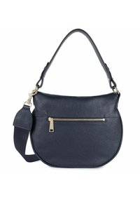Borsa a mano in pelle blu navy scuro con zip dorata, forma arrotondata, tracolla singola e finitura texture sottile. Presenta una tasca frontale con zip.