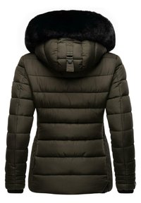 Olive green puffer jacket with a detachable black faux fur hood, horizontal stitching, and ribbed cuffs. Features side pockets and a fitted design.