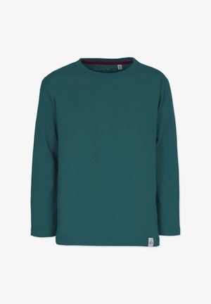 Teal langærmet skjorte lavet af blød bomuld, med rund hals og et lille logo ved den nedre kant. Ingen mønstre eller dekorative elementer.