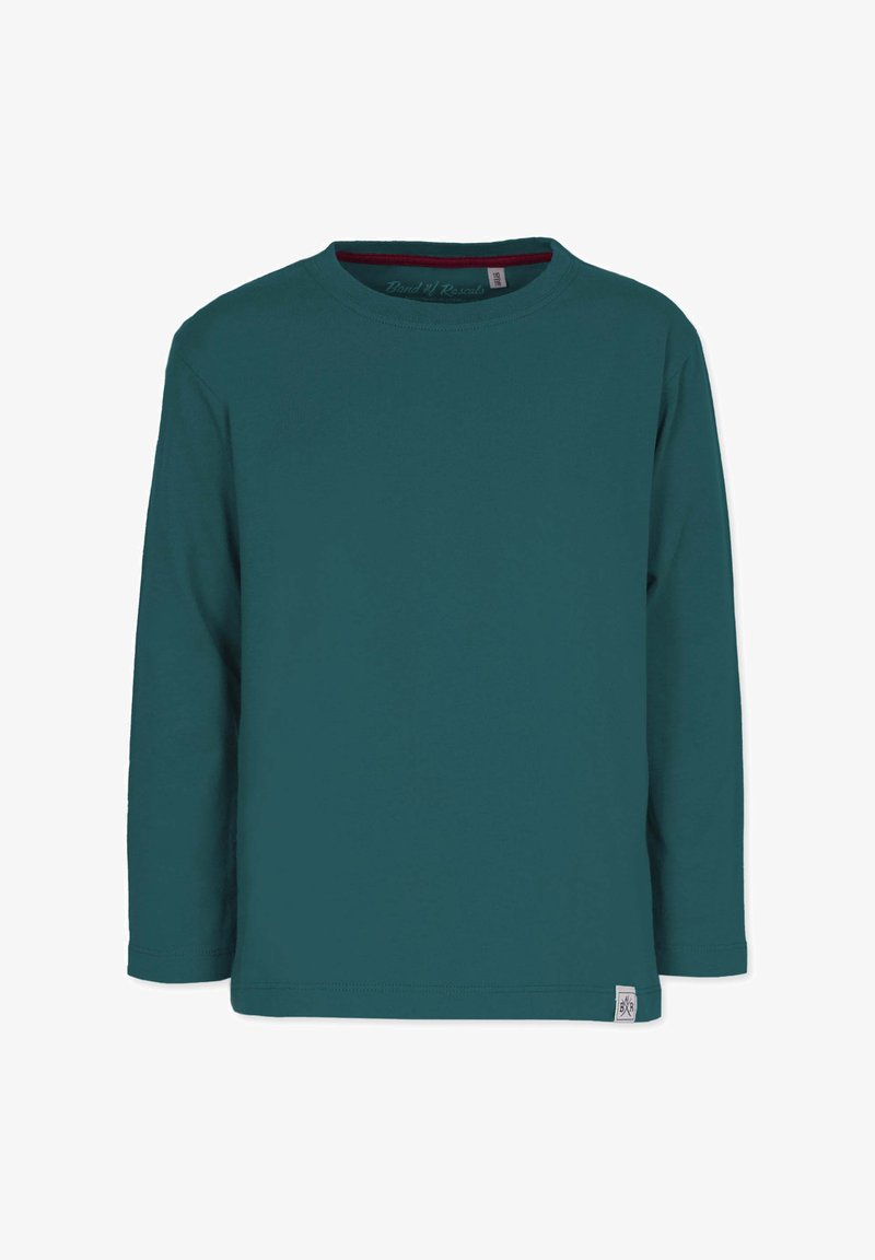 Teal langærmet skjorte lavet af blød bomuld, med rund hals og et lille logo ved den nedre kant. Ingen mønstre eller dekorative elementer.