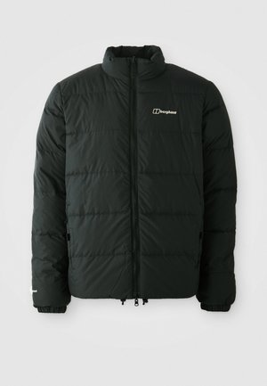 Jachetă puf de culoare neagră cu guler înalt, prezentând un quilt orizontal, închidere cu fermoar și detaliu cu logo pe piept. Mansete și tiv elastic.