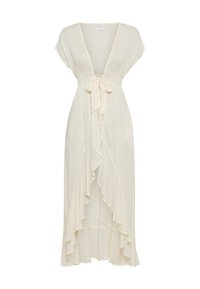 Μακρύ, ελεφαντόδοντο φόρεμα από ελαφρύ ύφασμα· διαθέτει βαθύ ντεκολτέ σε σχήμα V, βολάν στο τελείωμα και ζώνη δέσιμο στη μέση για εφαρμοστή σιλουέτα.