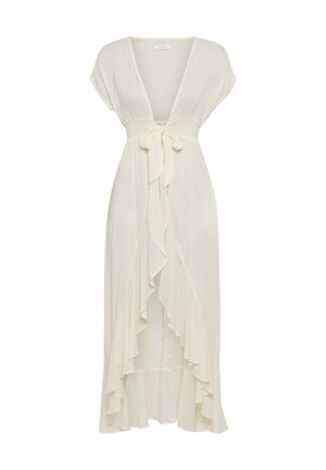 Pitkä norsunluunvärinen mekko, valmistettu kevyestä kankaasta; siinä on syvä V-pääntie, liehukas helma ja solmittava vyö vyötäröllä korostamaan istuvaa siluettia.