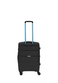 Valigia rigida nera con scanalature orizzontali, manico telescopico blu a doppia estensione, quattro ruote e chiusura con zip. Design compatto e durevole.