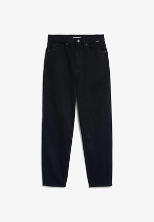 Jeans in denim nero con taglio dritto, design a cinque tasche e chiusura con bottone. Tessuto liscio con marchio minimalista sulla cintura.