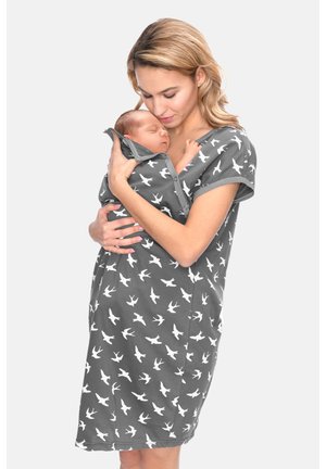 Grey nightgown with short sleeves, featuring a white bird pattern. Parent holds a baby swaddled in a matching fabric. Soft, comfortable material.
